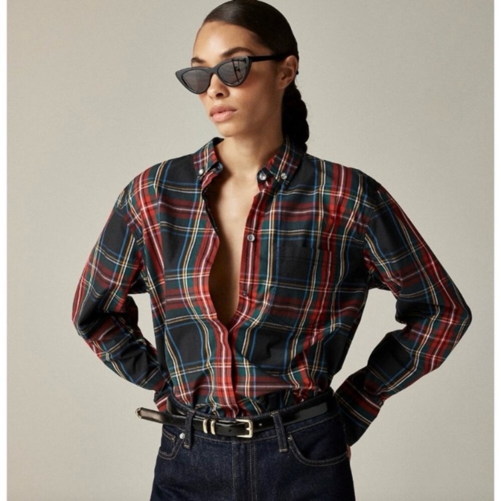 J Crew Garcon Shirt Red Stewart Tartan Plaid Cotton Poplin Size 14